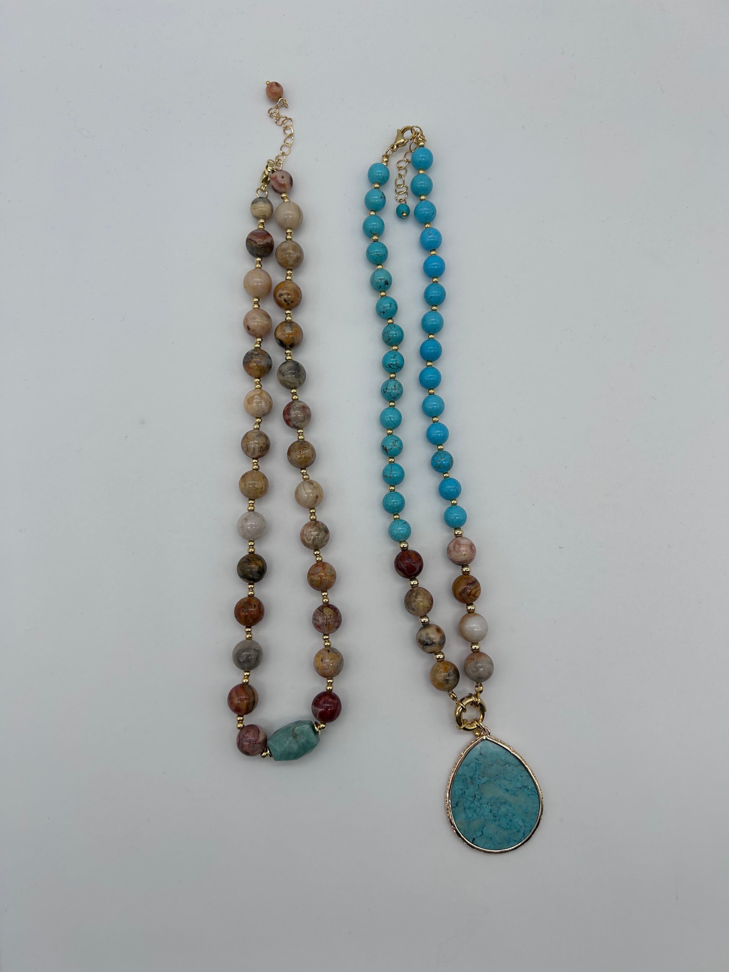 1. **Turquoise Echo Bead Necklace**  
2. **Earthy Radiance Drop Necklace**  
3. **Serene Tide Statement Necklace**