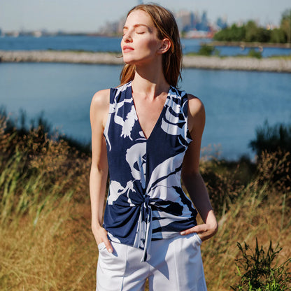 Sleeveless V-Neck Center Front Tie Top