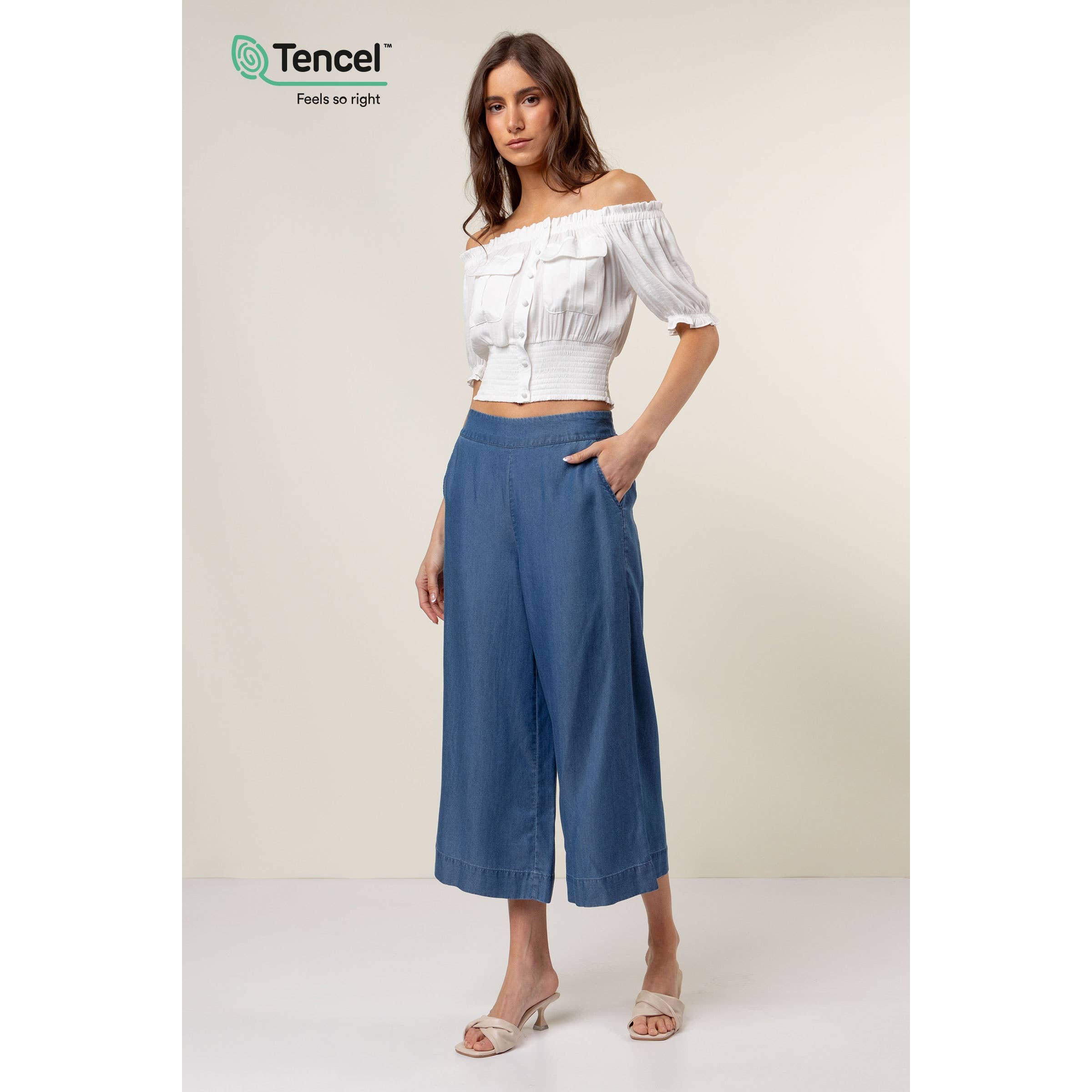Blue Tencel Culotte Pants
